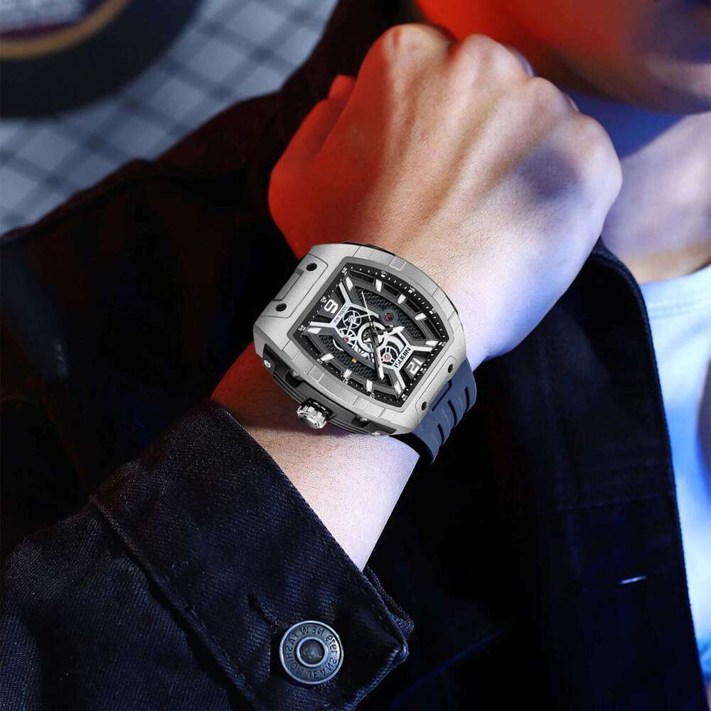 NIBOSI Analog Skeleton for Men Fashion Luxury Automatic Quartz Black Watches with Silicone Strap Luminous Reloj Hombre