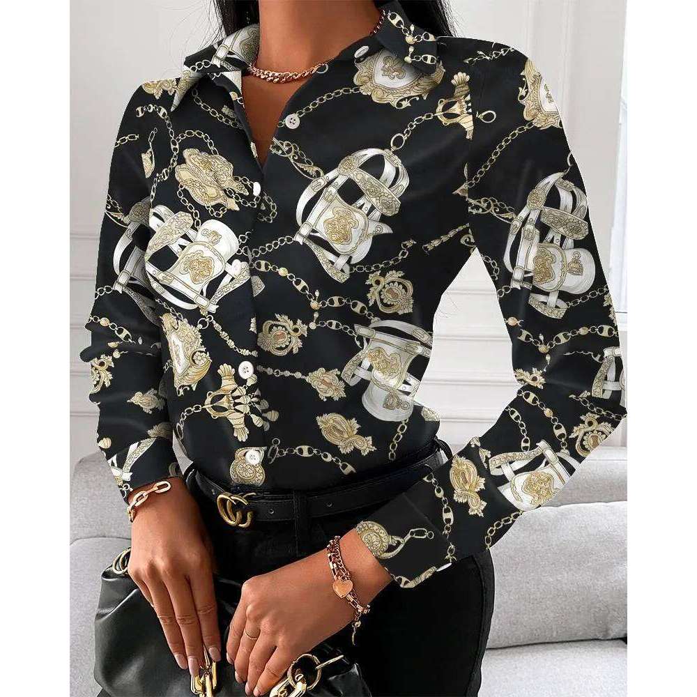 2026 New Women Fashion Wild Shirts Chain/Floral/Letter/Geometric Square Print Turn-Down Collar Long Sleeve Blouses