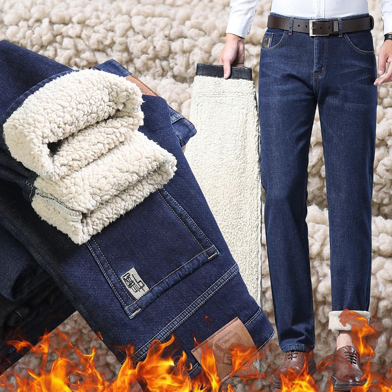 Winter Warm Mens Wool Velvet Jeans Thickened Fleece Slim Straight Denim Pants Business Casual Comfortable Thermal Male Trousers 260228
