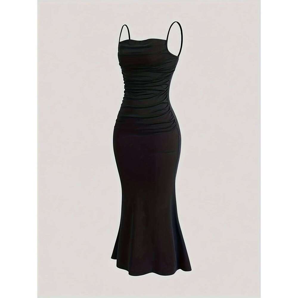 Women's Solid Color Ruched Cami Dress, Elegant Sleeveless for Party Evening Formal Occasions, Ladies Summer Dress C260312