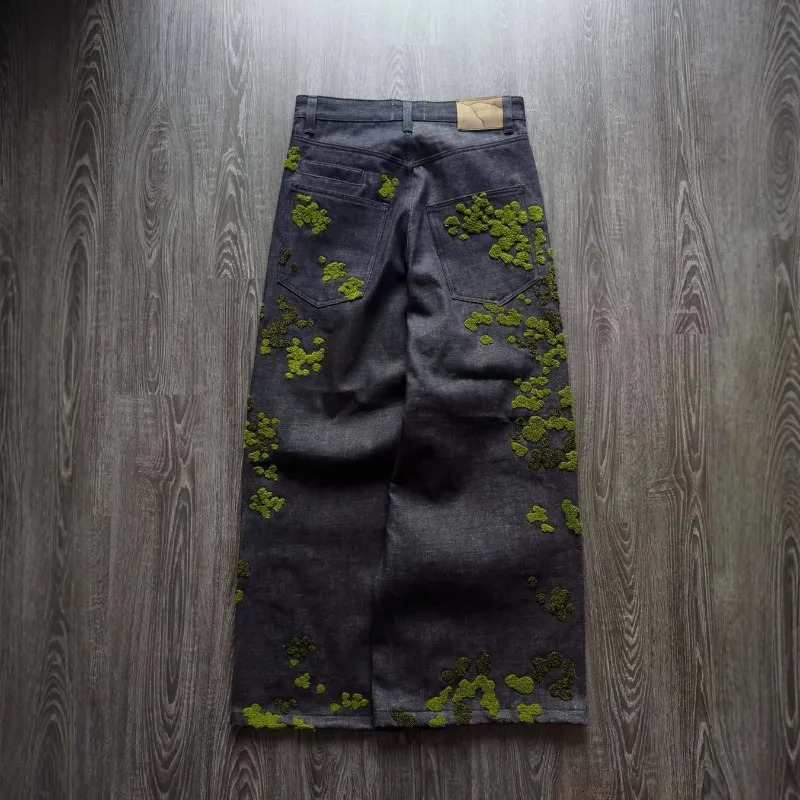 Mens Jeans Harajuku European Streetwear Floral Embroidery Denim Pants Straight Leg Loose Fit INS Casual Versatile Unisex Fashion 260310