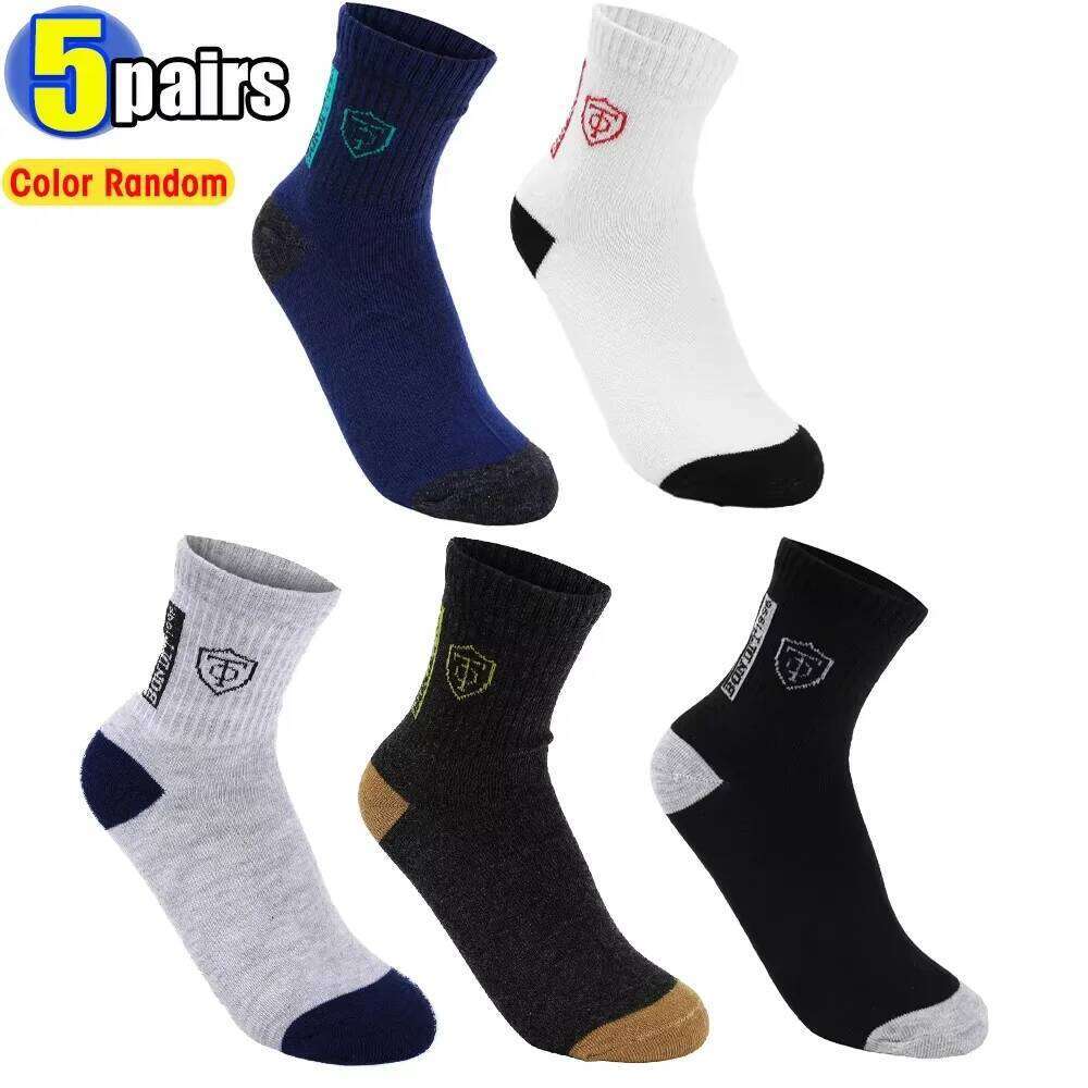 5Pairs Mens Cotton Sports Spring and Autumn Leisure Sweat Absorbent Comfortable Breathable Basketball Socks Meias EU 38-43 Z260312