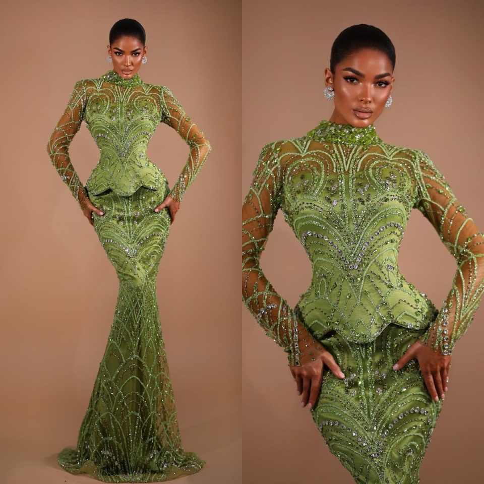 Elegant Green Mermaid Party Prom Dress Long Sleeve Crystal Sequins Party Dress Beaded Second Reception Engagement Gowns Customized
