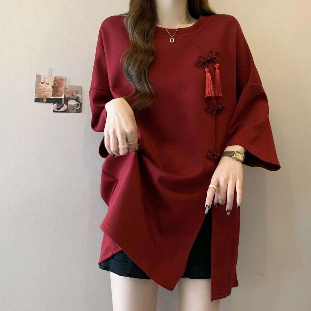 Heavy-Duty Chinese-Style Buttoned Slit Short-Sleeve T-Shirt For Women, 2025 Summer New Style, Loose Fit, Slimming, Extra Large Size 150Kg Top Asia Siz