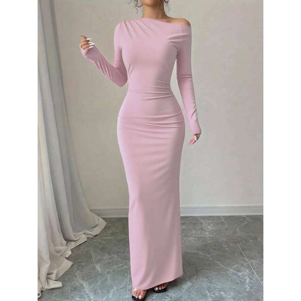 Europe and America 2025 autumn new personality solid color trend temperament high waist long sleeve slim fit hip-hugging dress C260312