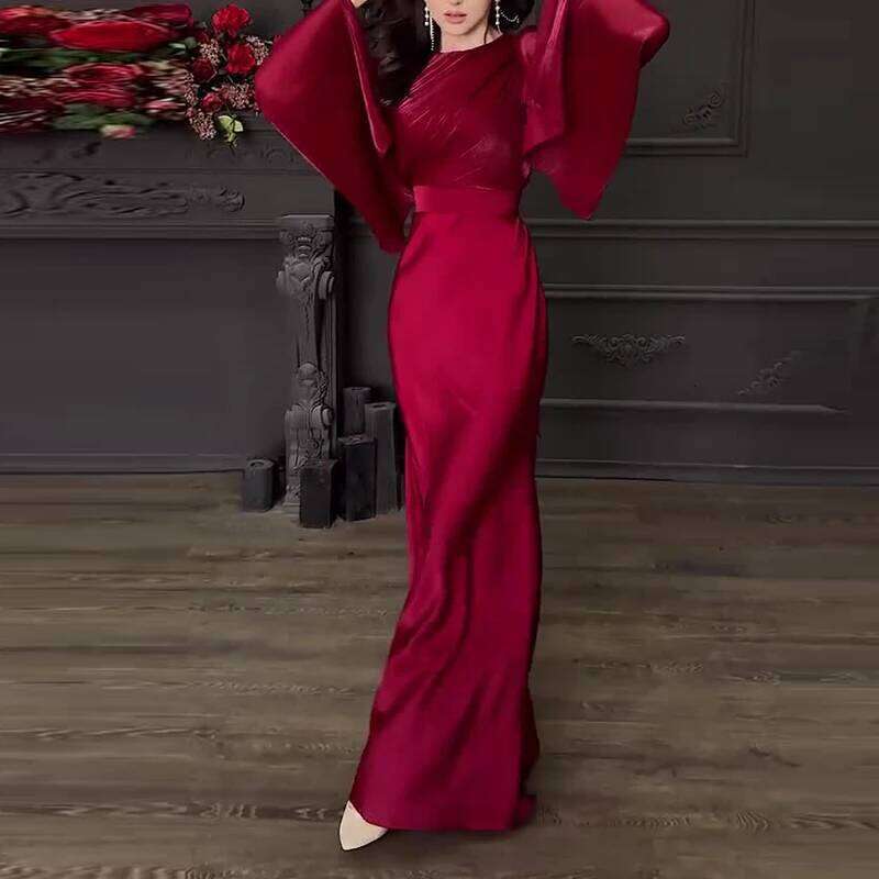Vintage High Waisted Women Satin Dress New Ladies Temperament Crew Collar Elegant Slim Long Sleeve Banquet Dresses C260312