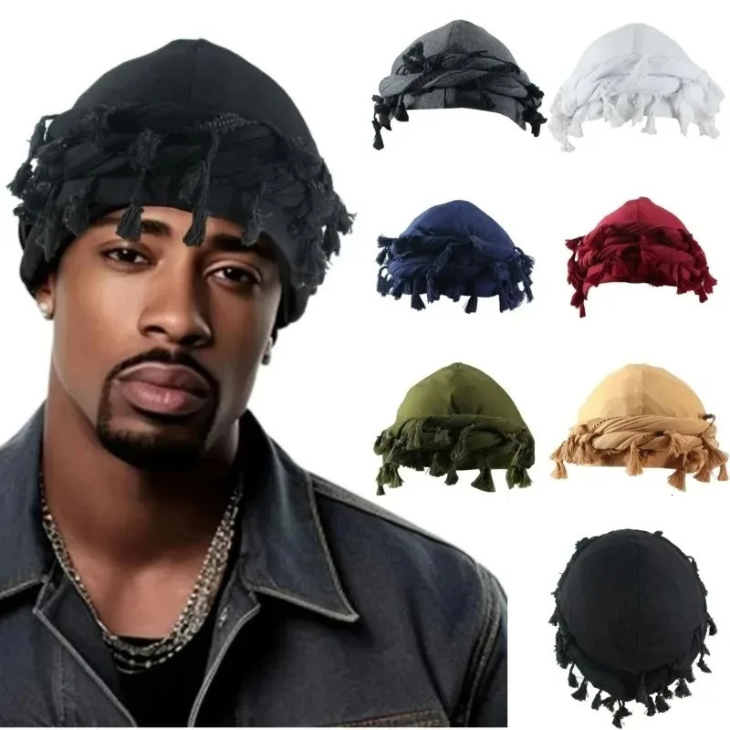 Men Hat Punk Burr Trim Twisted Tail Fringe Cotton Bandana Hat Hop Turban Hats Head Wrap Beanie Cap Solid Color Docker Hat 2024 260304