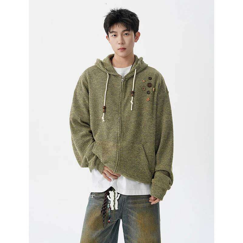 Men Japanese Retro Waffle Knit Hoodie Cardigan Wooden Button Decor Oversized Zipper Front Autumn Casual Outerwear