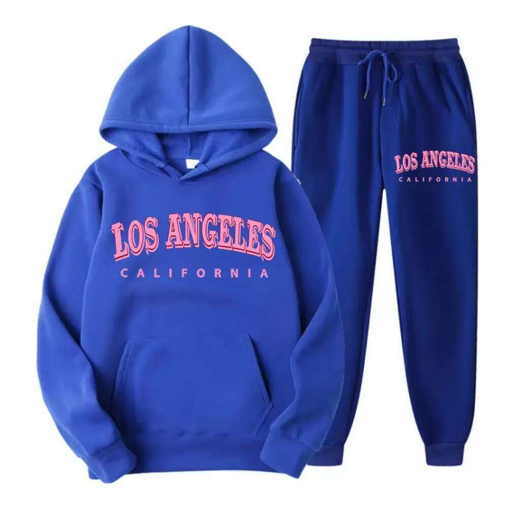 Two Piece Set Street Womens Hoodie & Pants Fleece Pocket Loose Pullover Los Angeles California Print Clothes Fashion Sportswear C260312