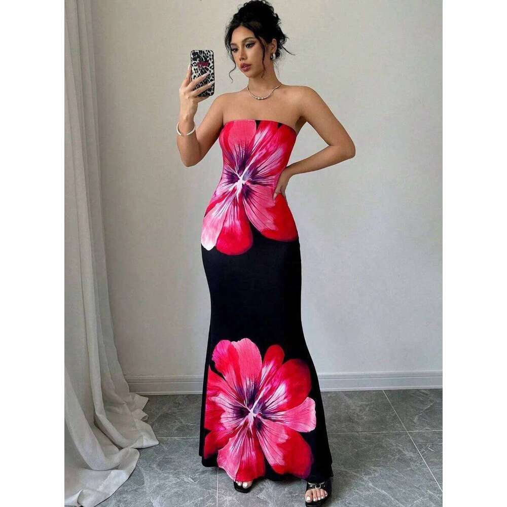 Fashion Milk Silk Fabric Floral Print Sexy Long Dresses Elegant Backless Bodycon High Waist Midi Dress 2025 Summer Vacation Boho C260312