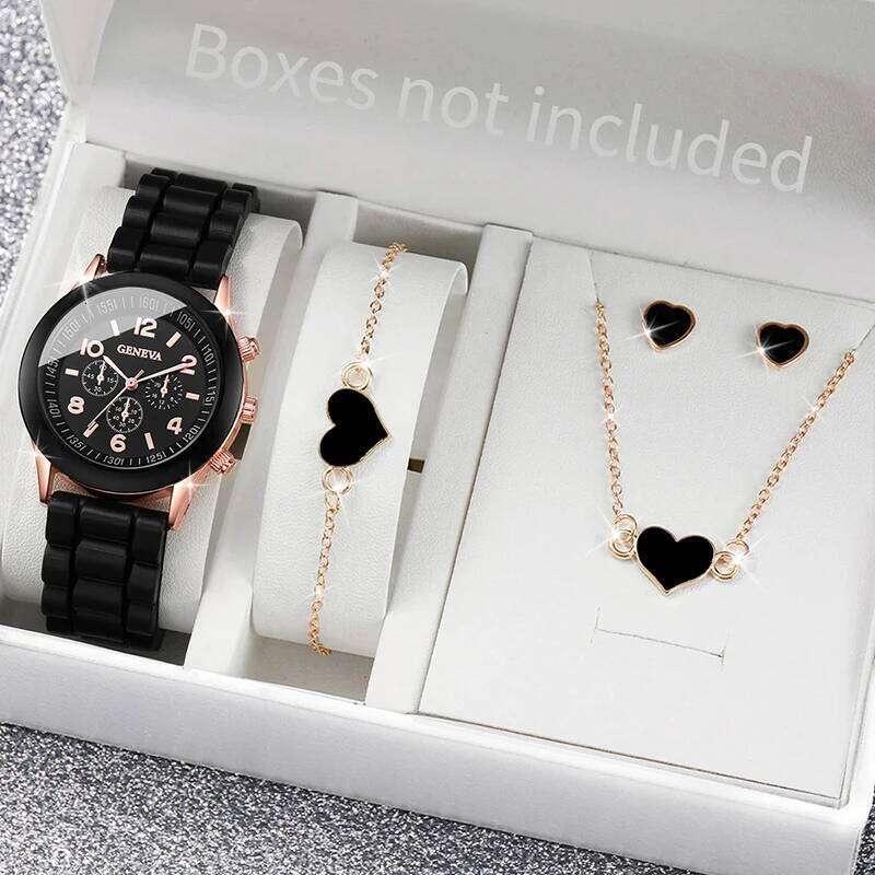 5 pcs Fashion Women Quartz Female Clock Heart Necklace Bracelet Luxury Design Ladies Silicone Wrist Watch Montre Femme