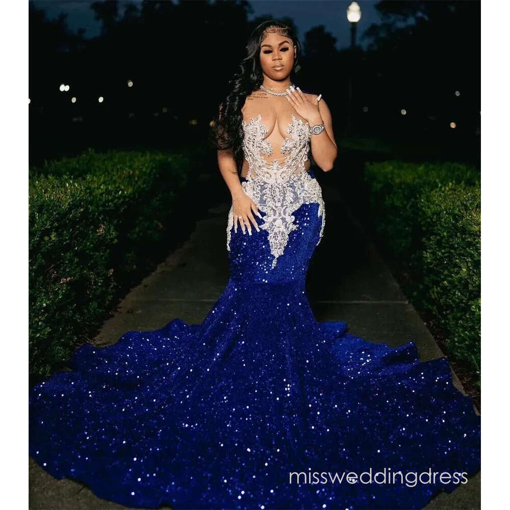 Royal Blue Sequins Beaded Appliques Prom Dresses For Black Girls Sheer Neck Sweep Train Mermaid Formal Ocn Gowns 0229 329
