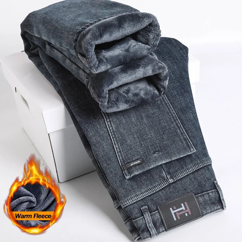 Winter Fleece Lined Warm Mens Jeans Slim Straight Korean Velvet Denim Pants Retro Soft Thick Casual Trousers Daily Outdoor Wear 260228