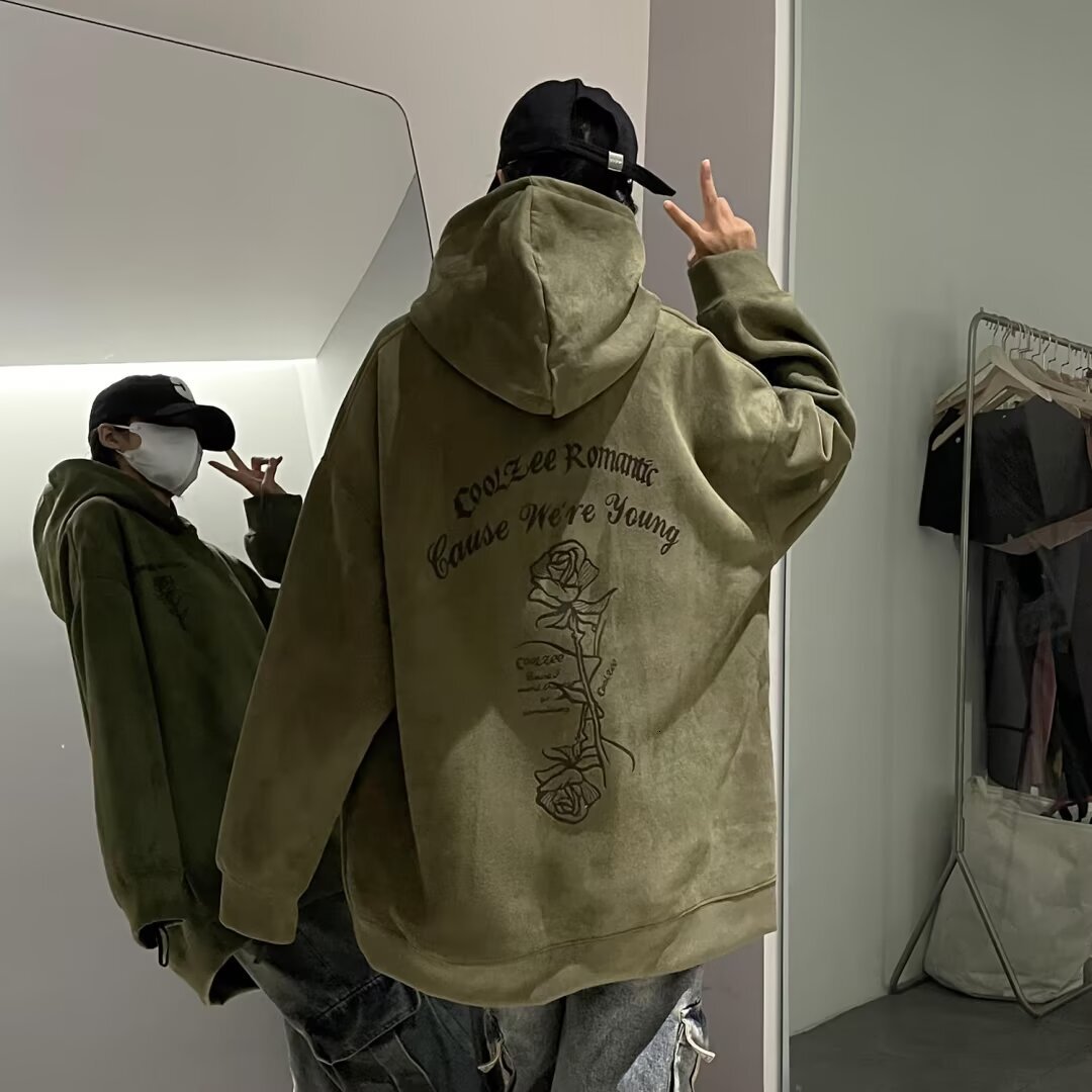 Pink Suede Rose Print Sweatshirt Designer Hoodie For Men Autumn Trendy Brand Heavy-duty Stylish Casual Hooded Plus-size Loose-fitting Jacket