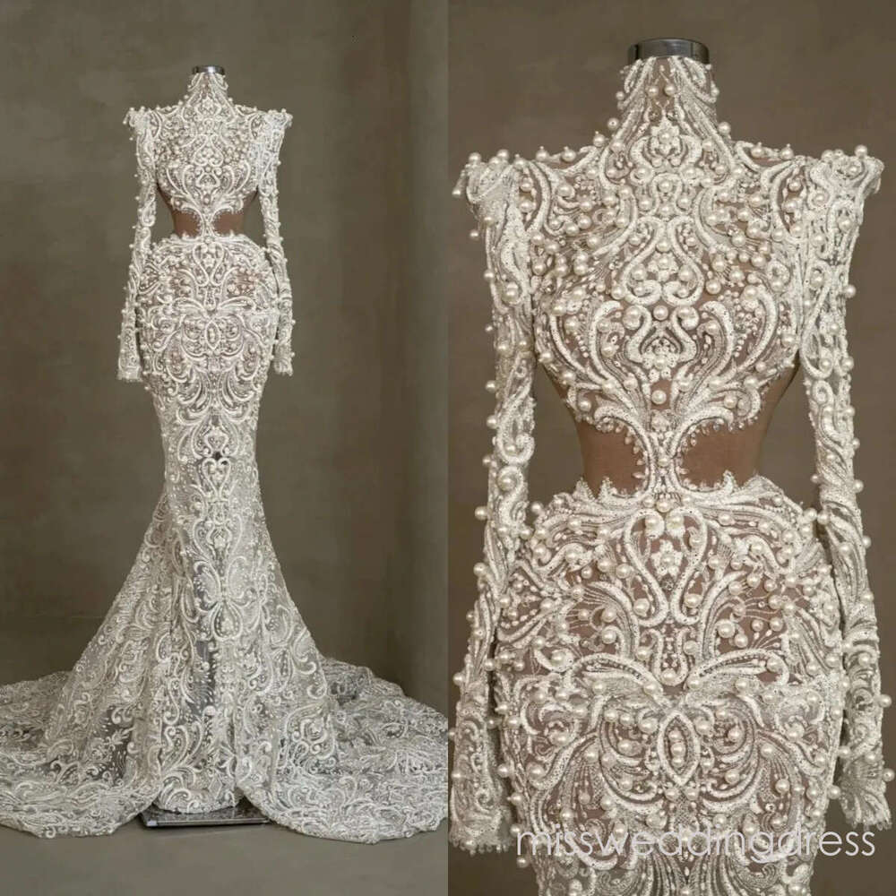 Glamorous Pearls Mermaid Wedding Dress Crystal High Neck Bridal Gowns Applique Long Sleeve Illusion Bride Dresses Sweep Train Custom Made