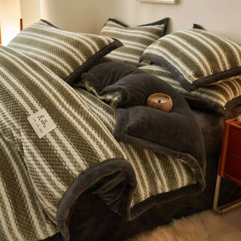 2025 new plaid color matching milk fleece four-piece double-sided winter thickened warm bedding kit household H260312