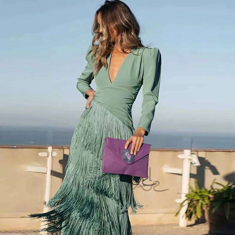 French Elegant Deep V Neck Slim Prom Dresses 2025 Spring Solid Spliced Tassel Woman Long Sleeve New Autumn Maxi Dress C260312