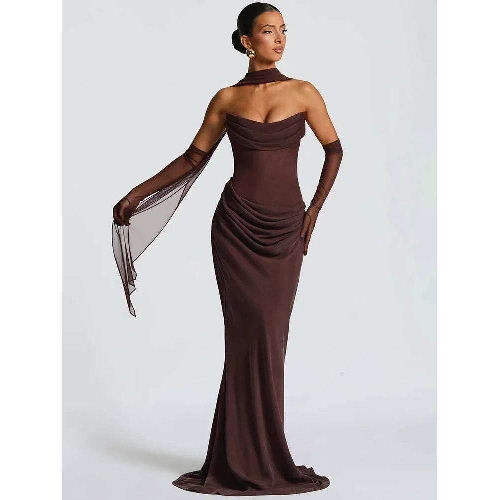 Off-shoulder Backless Sexy Maxi Dress Women Gown Elegant Scarf Collar Strapless Sleeveless Bodycon Club Party Dresses C260312