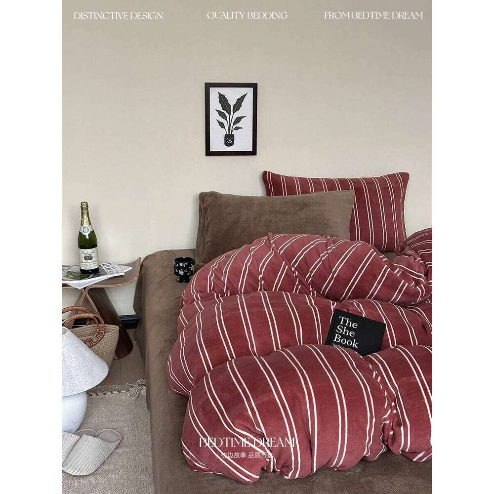 Four-piece set of household retro style red stripes thickened warm quilt cover bed sheet bedding double-sided simple and modern H260312