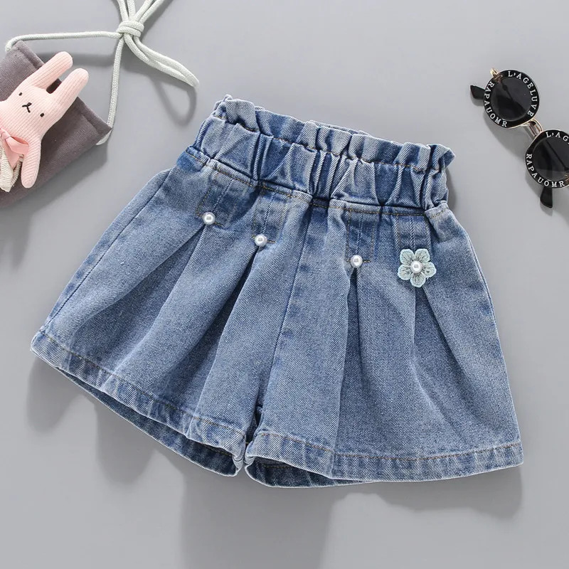 Summer Girls Denim Shorts Korean Fashion Childrens Pleated Jeans 412Years Teens Short Pearl Decoration 260311