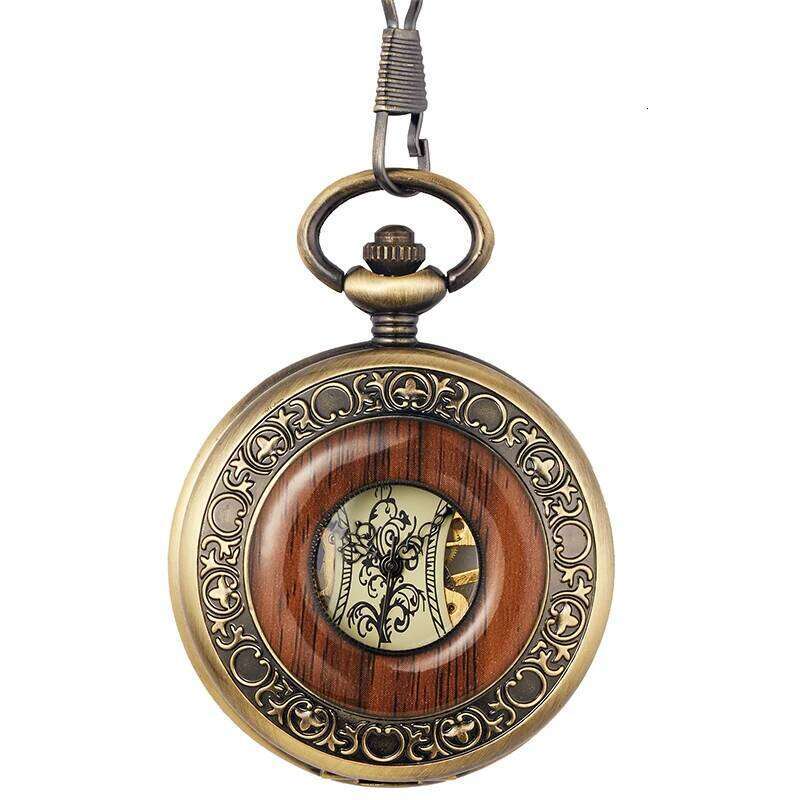 Vintage luxury wooden ring skeleton flip Roman numeral manual winding mechanical pocket watch reloj de bolsillo