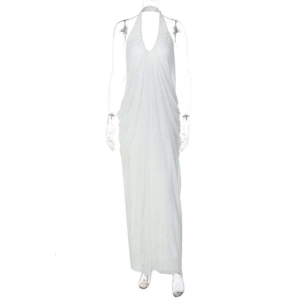 Mozision Mesh Halter Backless Sexy Maxi Dress Women Gown Fashion Elegant V Neck Sleeveless Pleated Club Party Long Dresses C260312