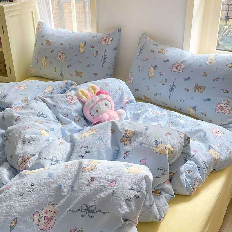 Ins Cute Blue Cat Bedding Sets 2025 New Soft Bed Sheet For Girls Washed Cotton Dormitory Quilt Set No Filling H260312