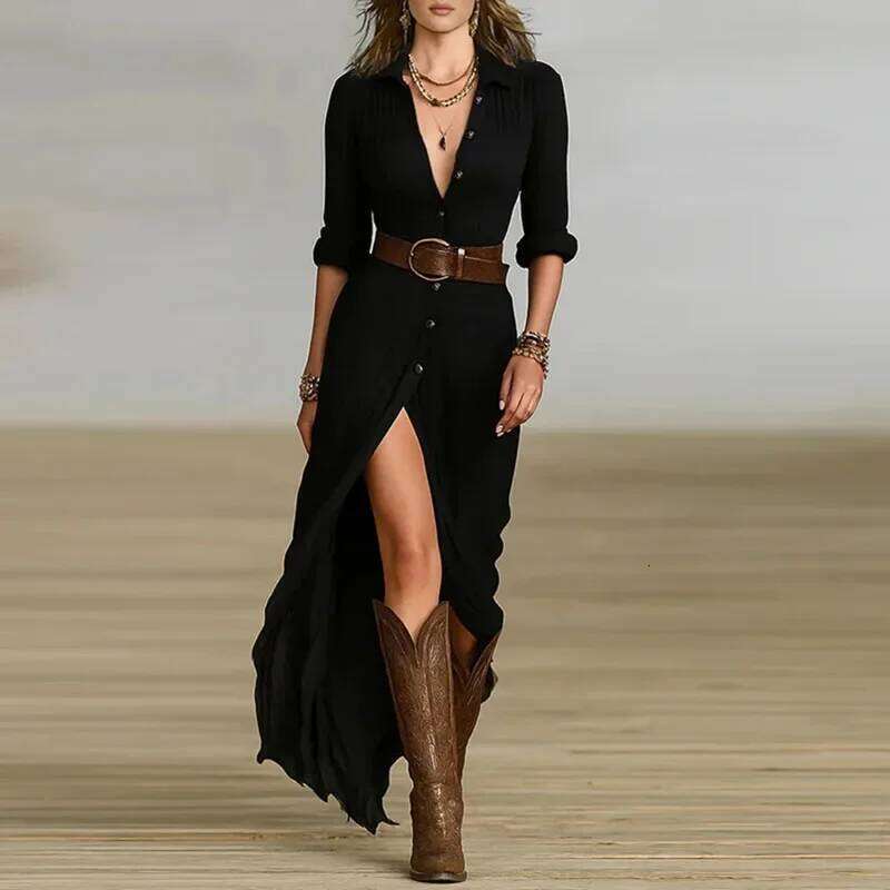 Woman Dresses 2025 New French Retro V Neck Belted Slim Pleated Autumn Single Breasted Long Sleeve Slit Bohemian Dress C260311