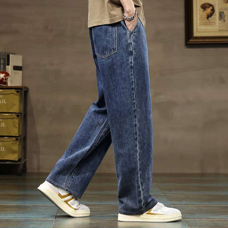 Men Straight Leg Blue Gray Loose Y2K Drawstring Jeans Streetwear Casual Wide Denim Pants Male Baggy Stylish Harajuku Trousers 26Y0312