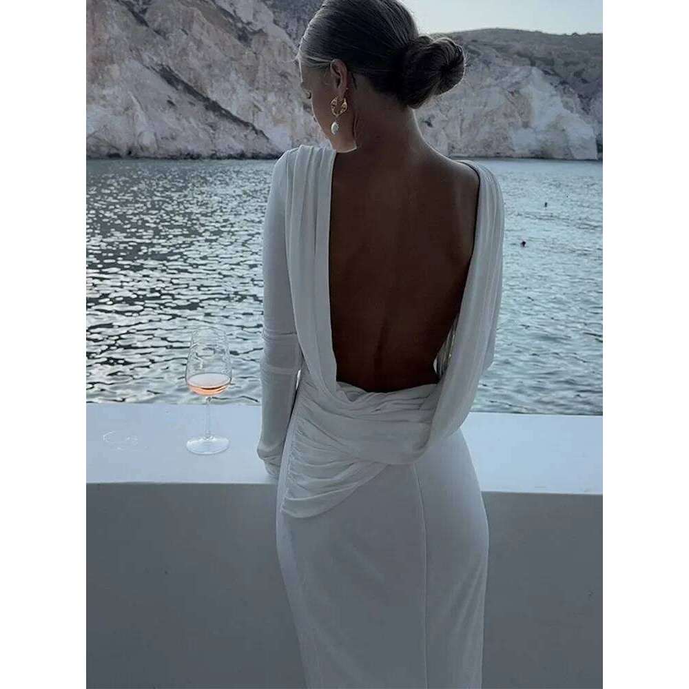 Chic Backless White Sleeved Slim Fit Dress for Women Pleated Elegant Round Neck Long Dresses 2024 New Female Evening Gowns C260312