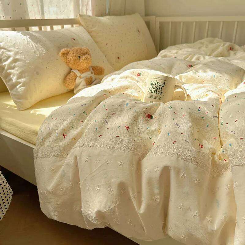 2025 New Class A double gauze bed four-piece of girly heart lace sheets and quilt cover dormitory three-piece set H260312