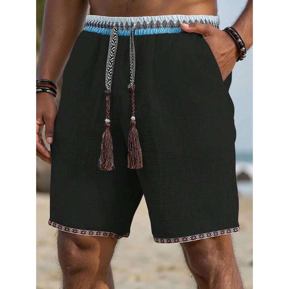Vintage Patchwork Ethnic Printed Men 2026 Spring Summer Seaside Beach Casual Breathable Leisure Mens Loose Shorts