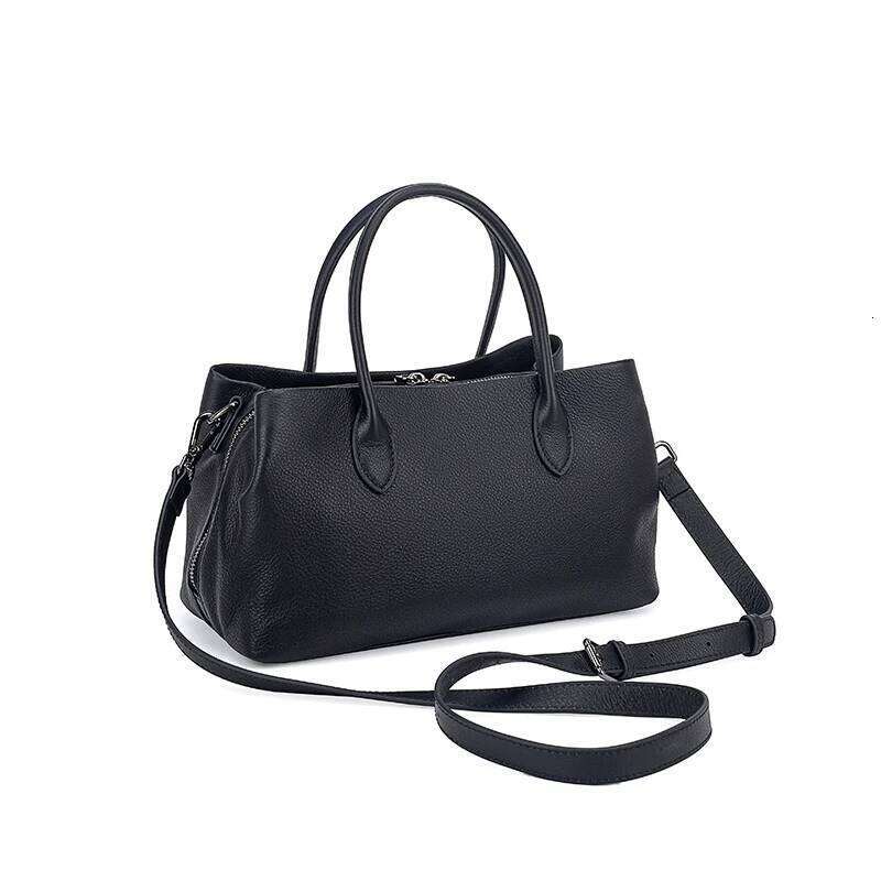 Black Handbag Top Grain Cowhide Leather Soft Multifunctional Women's Fashion Bag With Compartment Organizer