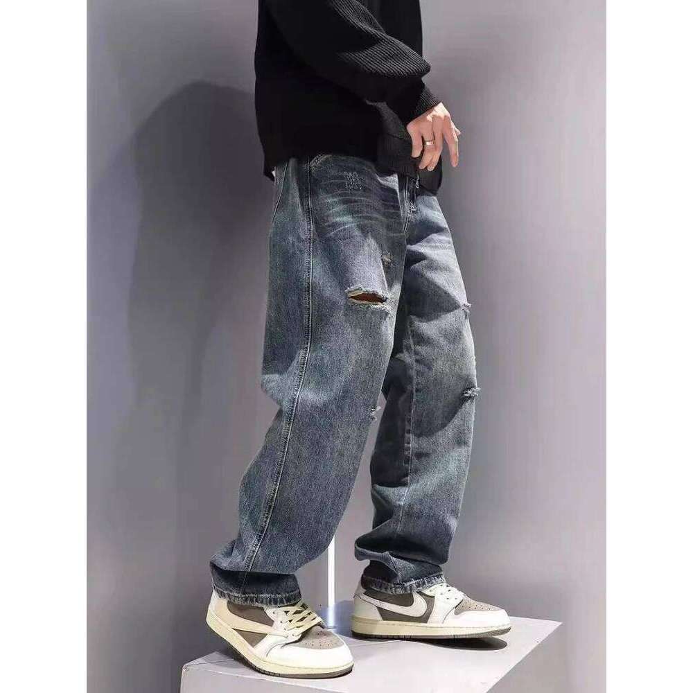 New Men's Ripped Jeans Baggy Straight Fashion Vintage Blue Denim Pants Personality Streetwear Hip Hop High Quality Male Trousers 26Y0312