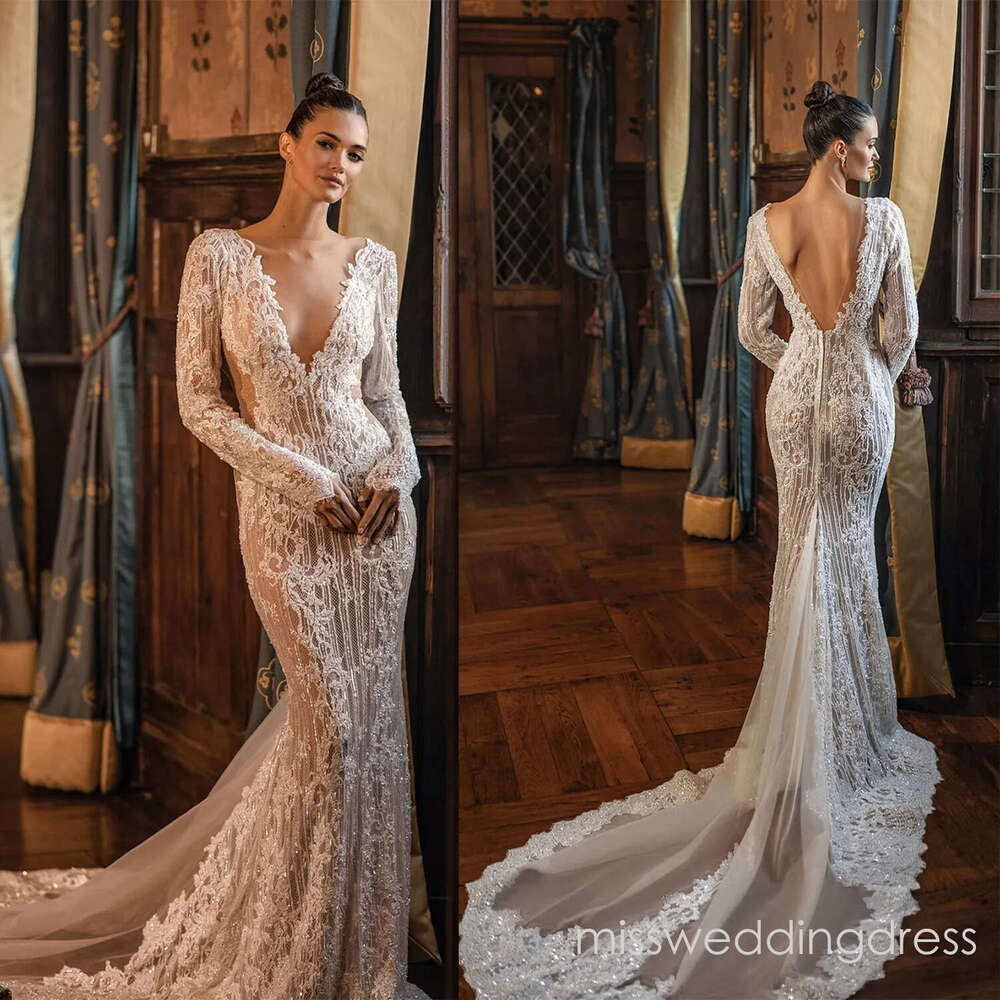 Graceful Mermaid Wedding Deep V Neck Bridal Gowns See Through Sequins Backless Long Sleeves Bride Dresses Custom Made