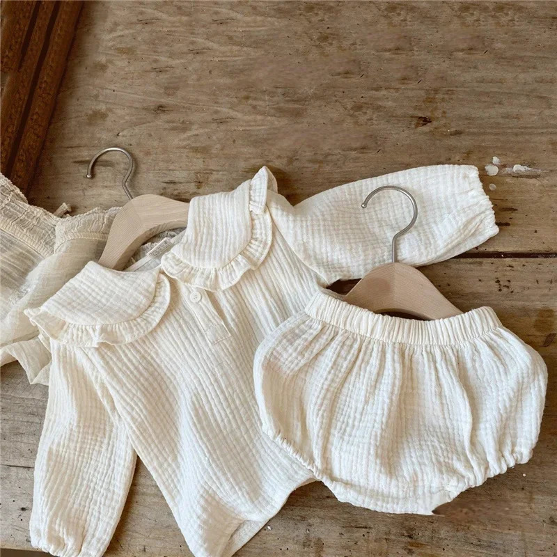 2pcs born Baby Girls Clothes Organic Cotton Ruffled Collar Lapel Long Sleeve Shirt Top Bread Pants Korean Casual Clothing 260311