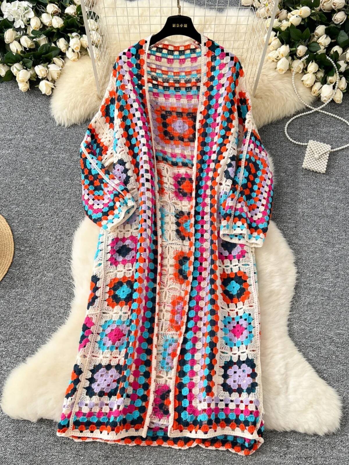 SINGREINY Summer Holiday Beach Long Cardigans Spring Fashion Vintage Floral Knit Cardigan Streetwear Loose Hollow Out Overcoat