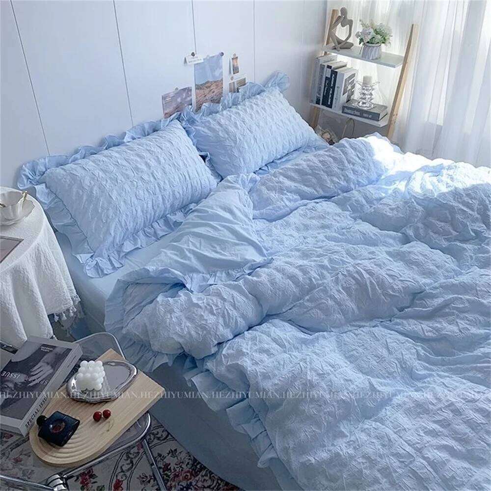 INS Girl Blue Bedding Sets Solid Color Seersucker Ruffles Lace Kawaii Soft Sheet Woman Duvet Pillow Covers Quilt Cover H260312