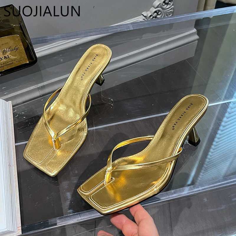 SUOJIALUN 2023 Summer Thin High Heel Women Slipper Fashion Narrow Band Slip On Ladies Flip Flop Outdoor Dress Sandal Slides Shoe K260312