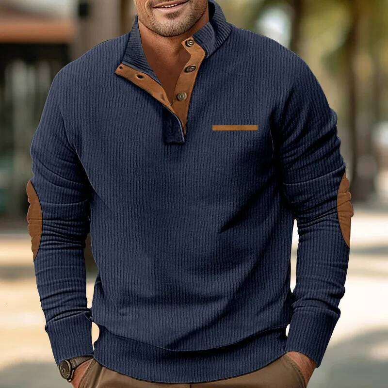 Cross-border winter new European size men's fake pocket stand-up collar long-sleeved corduroy sweater