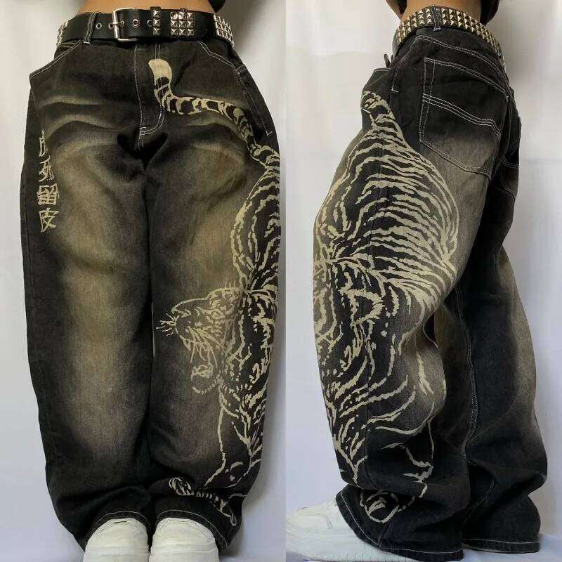 Fashion New Oversized Pattern Baggy Jeans Men Y2K Street Vintage Rock Casual Straight High Waist Wide Leg Trousers 26Y0312