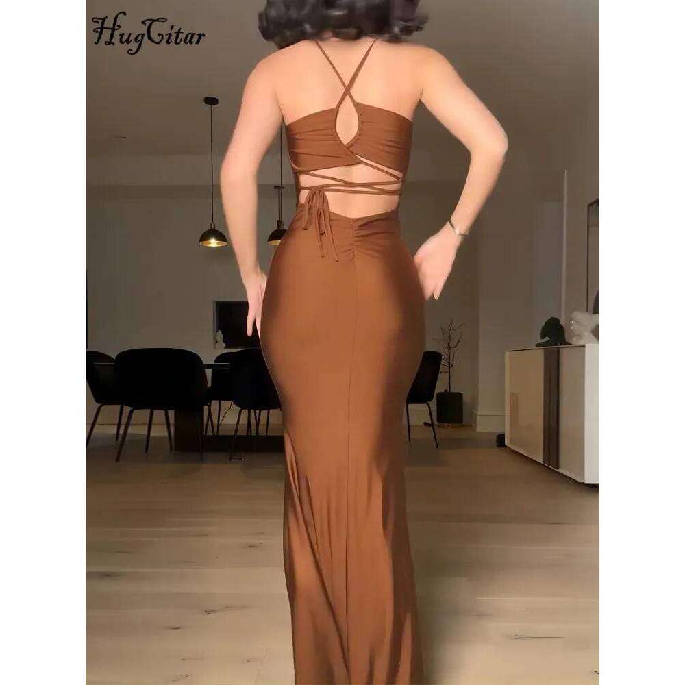 Hugcitar 2024 Spring Solid Slips Backless Draped Bandage Sexy Slim Maxi Prom Dress Women Elegant Clothes Party Birthday Festival C260312