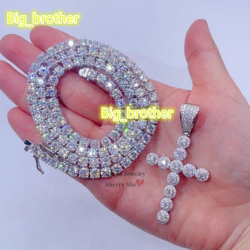 Sterling Silver 925 Rapper Jewelry Iced Out Vvs Moissanite Diamond Hip Hop Cross Necklace