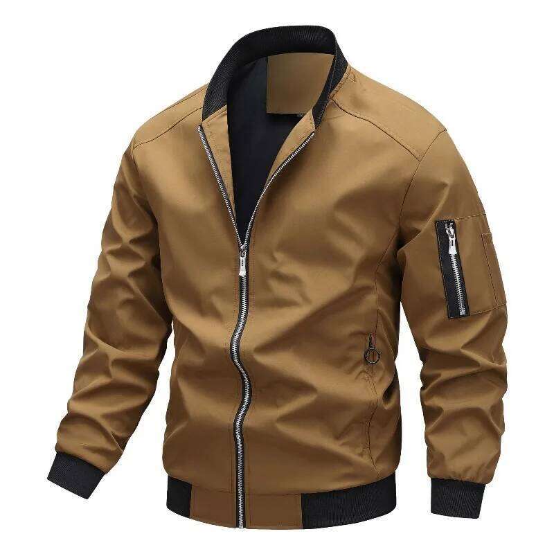 Men's Stand Collar Up Bomber Jacket with Multiple Zip Pockets Functional Casual Windbreaker for Daily and Outdoor Wear 26H0311