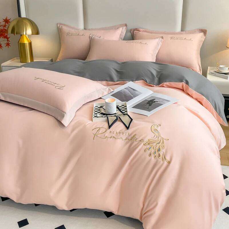 Simple Embroidery Washed Cotton Four-piece of High-grade Atmospheric Duvet Cover Pillowcase Bed Sheet Fitted Bedding Set H260312