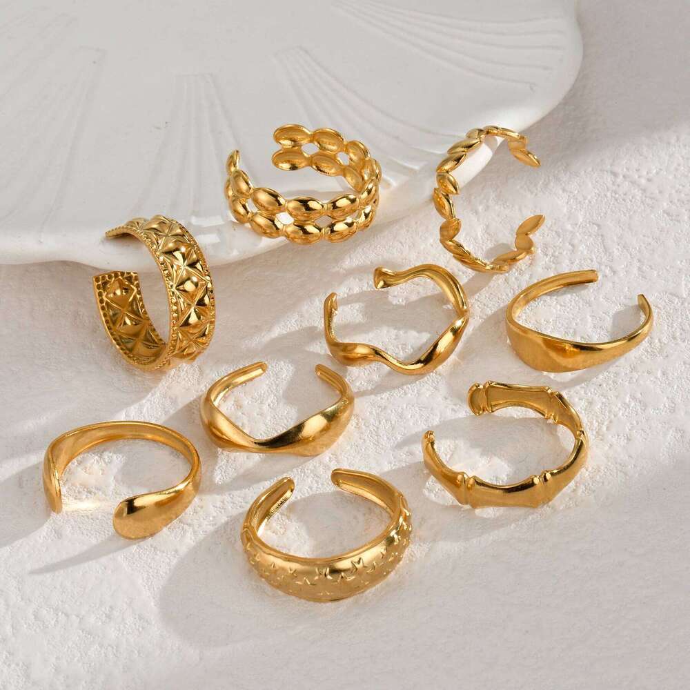 Freeteeme New Fashion Various 14K Gold Plated for Women Stainless Steel Geometry Open Ring Accessories Jewelry Wedding Gift H260312