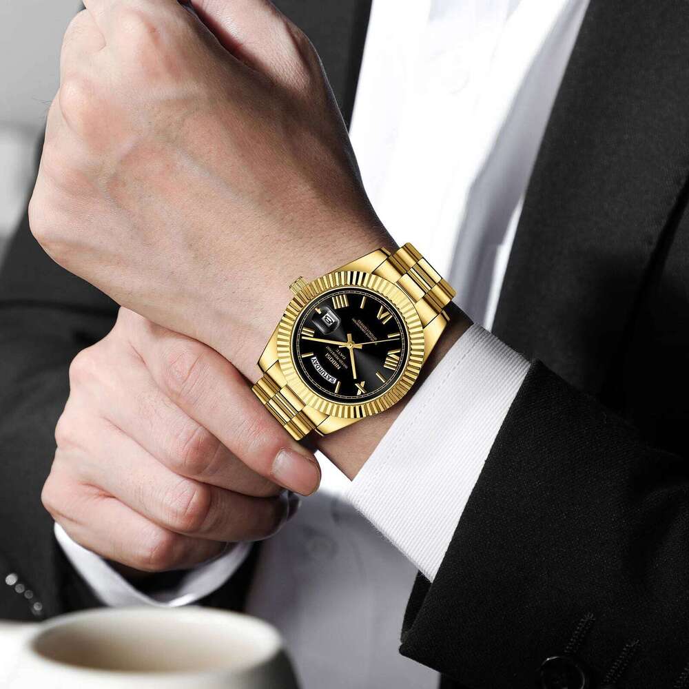 NIBOSI Gold Quartz for Date Week Fashion Watches Stainless Steel Waterproof Luminous Luxury Men Watch Reloj Hombre