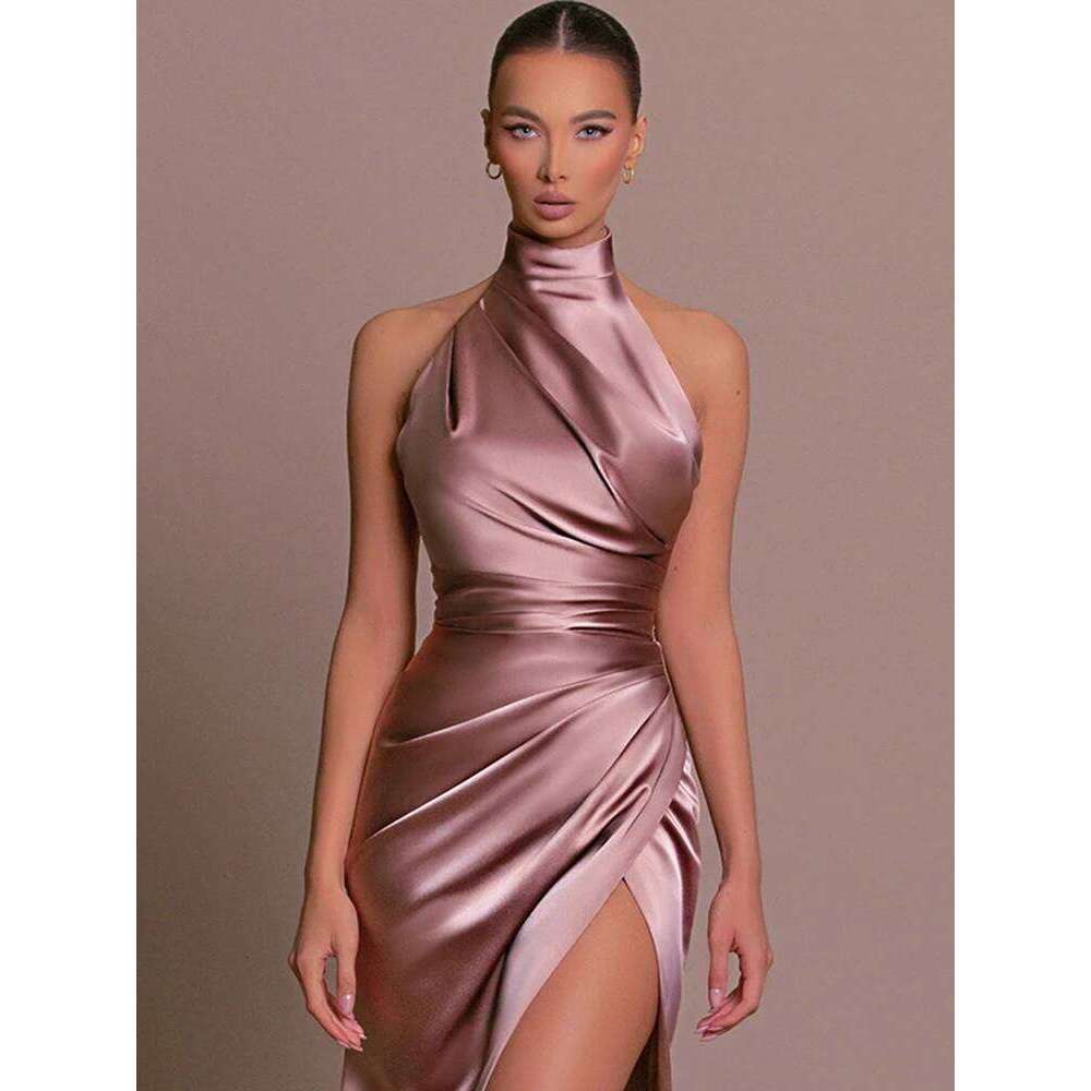 Summer Elegant Party Evening Sexy Women Sleeveless Long Halter Dress Fall Backless High Split Bodycon Maxi Dresses Black C260311