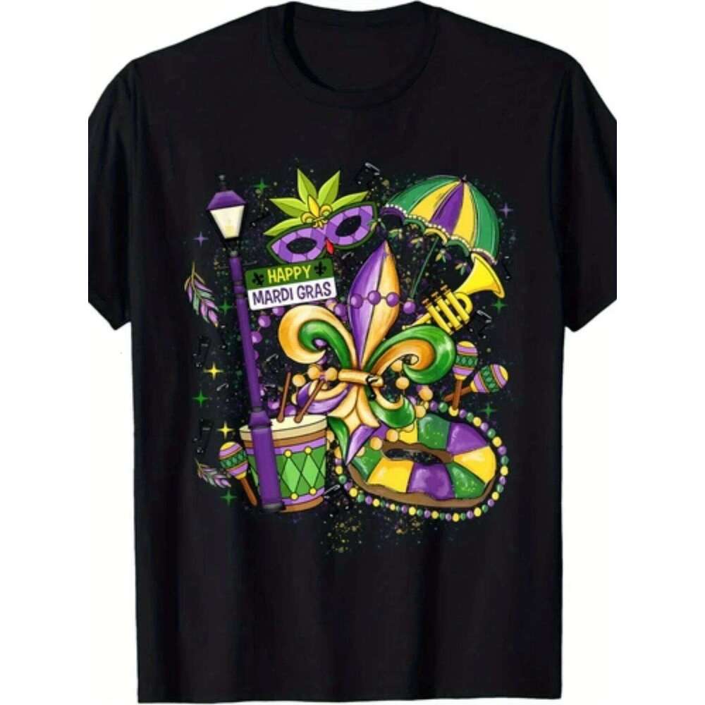 Graphic T Shirts for Man Mardi Gras Clothes Men Women New Orleans Carnival Print Jazz Notes Casual Short Sleeve Round Neck Tee Z260312