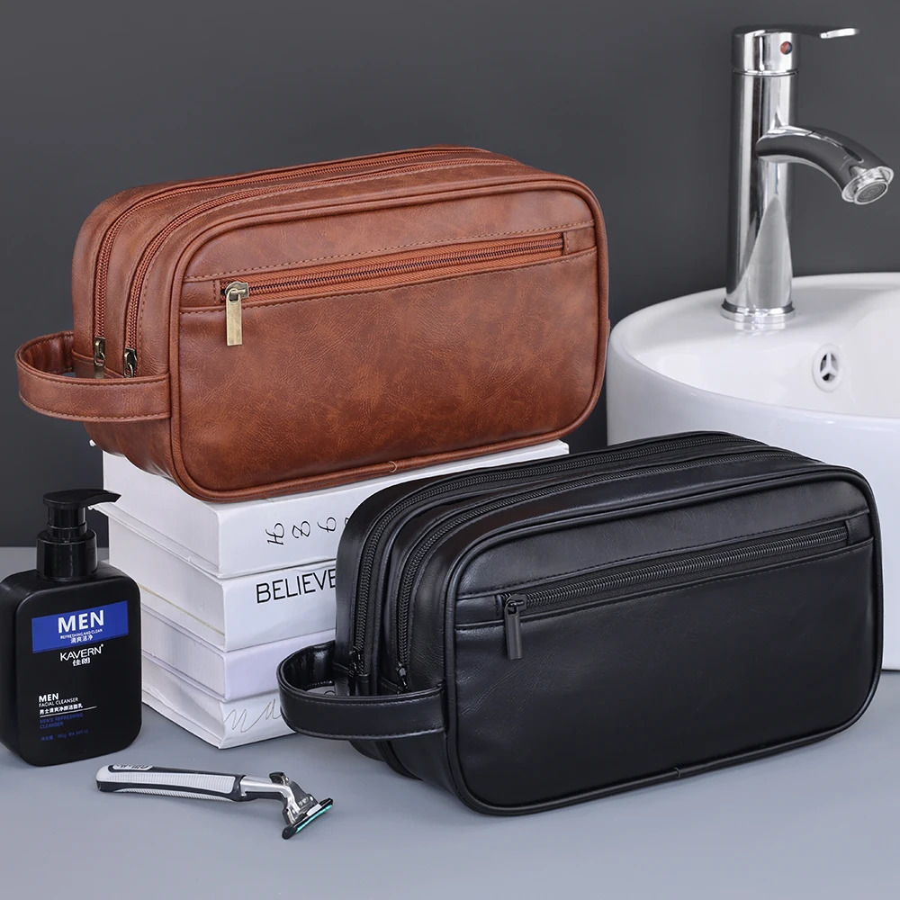 Double-Layer Toiletry Bag for Men PU Leather Travel Wash Organizer Dopp Kit Water-resistant Shaving Cosmetic Bag Strorage 260304